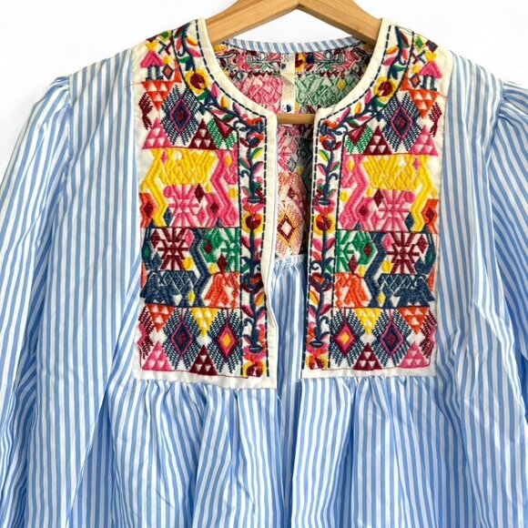 ROUSS BLUE WHITE STRIPED EMBROIDERED STRUCTURED CARDIGAN TOP BLOUSE WOMENS SIZE - Picture 2 of 7